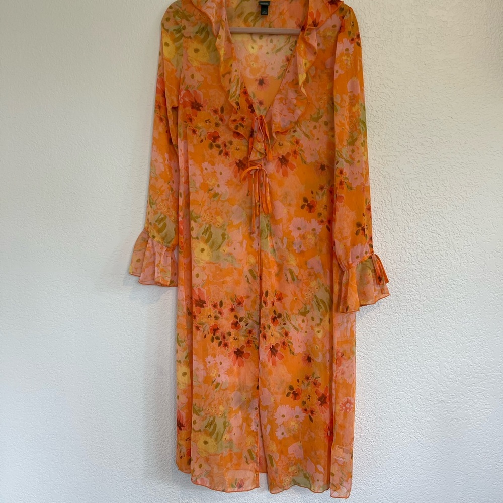 Wild Fable Orange Green Ruffled Bell Sleeve Sheer Dress/Cover Up